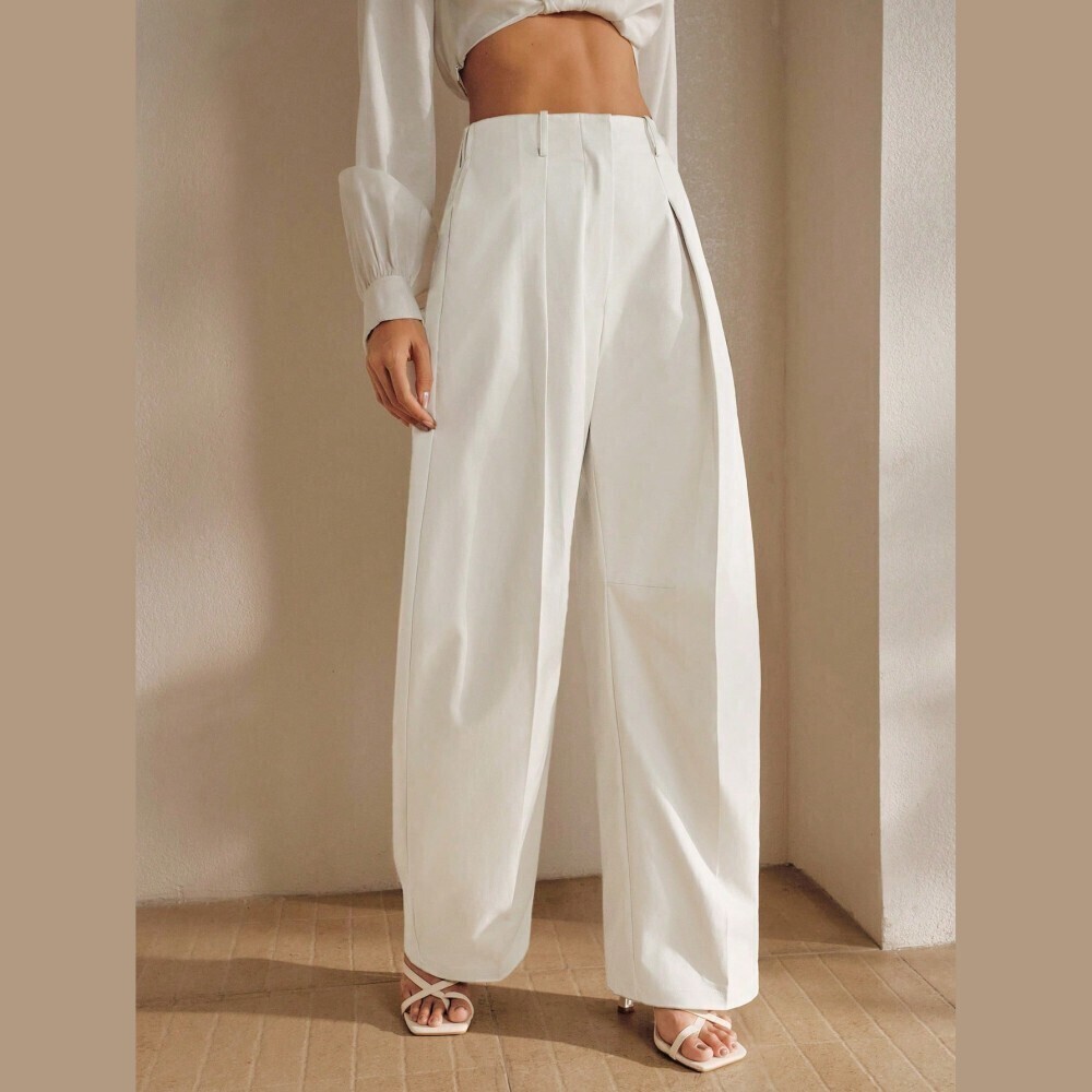 Ivory White Pleated Front High Waist Barrel Wide Leg Trousers